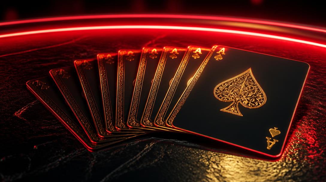 Fanned deck of playing cards lit in red and gold